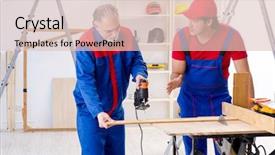  Presentation with professional development of teachers - Slides having electrical maintenance team - two professional contractors laying flooring background and a  colored foreground