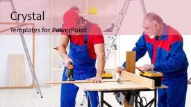  Presentation with flooring - Audience pleasing theme consisting of electrical maintenance team - two professional contractors laying flooring backdrop and a  colored foreground