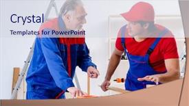  Presentation with electrical maintenance team - Slide deck consisting of electrical maintenance team - two professional contractors laying flooring background and a  colored foreground