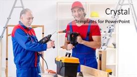  Presentation with flooring - Cool new slide set with electrical maintenance team - two professional contractors laying flooring backdrop and a sky blue colored foreground