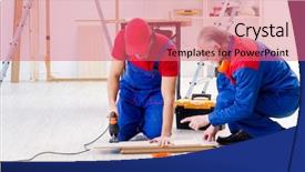  Presentation with electrical maintenance team - Presentation theme enhanced with electrical maintenance team - two professional contractors laying flooring background and a coral colored foreground