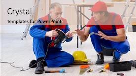 Presentation with flooring - Slide set with electrical maintenance team - two professional contractors laying flooring background and a  colored foreground