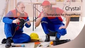  Presentation with flooring - Presentation theme featuring electrical maintenance team - two professional contractors laying flooring background and a  colored foreground
