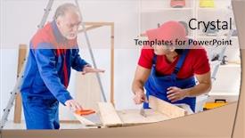  Presentation with flooring - Presentation design enhanced with electrical maintenance team - two professional contractors laying flooring background and a  colored foreground