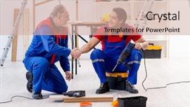  Presentation with flooring - Presentation consisting of electrical maintenance team - two professional contractors laying flooring background and a  colored foreground