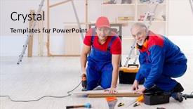  Presentation with flooring - Colorful slide set enhanced with electrical maintenance team - two professional contractors laying flooring backdrop and a soft green colored foreground