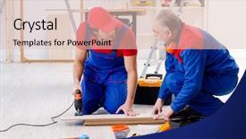  Presentation with electrical maintenance team - Presentation design with electrical maintenance team - two professional contractors laying flooring background and a lemonade colored foreground