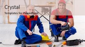  Presentation with electrical maintenance team - Presentation theme featuring electrical maintenance team - two professional contractors laying flooring background and a  colored foreground