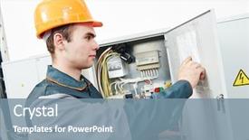  Presentation with fuse - Beautiful presentation theme featuring electrical maintenance team - young adult electrician builder engineer backdrop and a  colored foreground