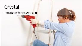  Presentation with drilling - Colorful PPT theme enhanced with beautiful woman working drilling hole in white wall in home wearing protective gloves and glasses ladder in background backdrop and a pink colored foreground