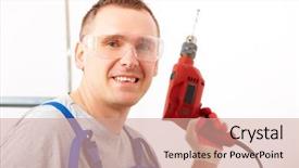  Presentation with trousers - PPT layouts consisting of cheerful man working with red drill wearing protective glasses blue trousers and gloves ladder in background background and a coral colored foreground