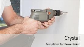  Presentation with human machine - Presentation theme having human hand holding drilling machine background and a light gray colored foreground