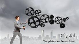  Presentation with drill - Colorful slide deck enhanced with young businessman using drill to fix gear mechanism backdrop and a light gray colored foreground