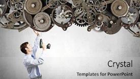  Presentation with mechanism - Cool new theme with young businessman using drill to fix gear mechanism backdrop and a light gray colored foreground