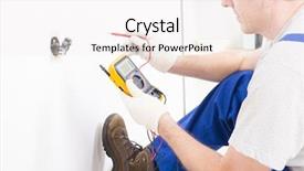  Presentation with digital multimeter - PPT layouts consisting of electrical outlet - electrician checking socket voltage background and a sky blue colored foreground