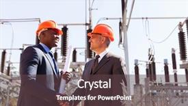 Presentation with substation - Cool new presentation with electrical power distribution - two cheerful businessman handshaking backdrop and a tawny brown colored foreground