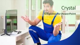  Presentation with professional development page 7 - Presentation design consisting of electrical presentar - male professional serviceman repairing tv background and a  colored foreground