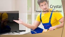  Presentation with professional analog audio - Audience pleasing PPT theme consisting of electrical presentar - male professional serviceman repairing tv backdrop and a soft green colored foreground