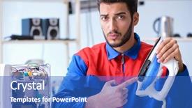  Presentation with iron - Beautiful slide set featuring electrical presentar - man repairman repairing iron backdrop and a teal colored foreground