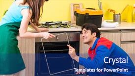  Presentation with internship medical equipment repair - PPT theme featuring electrical presentar - woman with contractor at kitchen background and a navy blue colored foreground