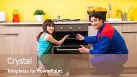  Presentation with repair audio technic - PPT layouts with electrical presentar - woman with contractor at kitchen background and a coral colored foreground