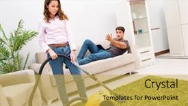  Presentation with cleaning - Presentation design consisting of electrical presentar - young family doing cleaning background and a  colored foreground