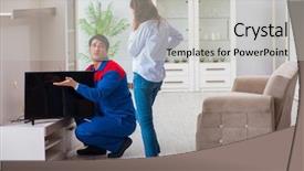  Presentation with home - Theme enhanced with electrical presentaton - repairman repairing tv at home background and a light gray colored foreground