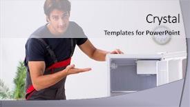  Presentation with fridge - Slides with electrical presentaton - young handsome contractor repairing fridge background and a  colored foreground