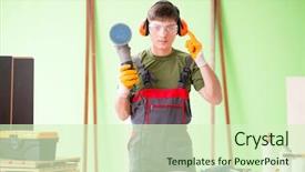  Presentation with taperecorder workshop - Theme having electrical presentaton - young man carpenter working background and a soft green colored foreground