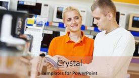  Presentation with kitchen appliance - PPT layouts featuring kitchen store - young man choosing electric blender background and a coral colored foreground