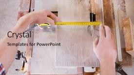  Presentation with carpenter - Slide set consisting of saw manufacturing - carpenter taking measurements for working background and a coral colored foreground