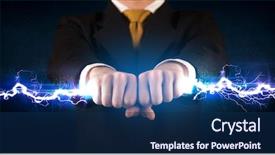  Presentation with holding hands - Presentation having business man holding electricity light background and a  colored foreground