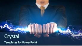  Presentation with electricity - PPT theme with man holding electricity light bolt background and a ocean colored foreground