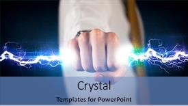  Presentation with hands holding - Amazing slide set having man holding electricity light bolt backdrop and a  colored foreground