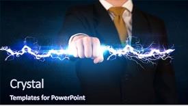  Presentation with holding hands - Slide deck featuring man holding electricity light bolt background and a  colored foreground