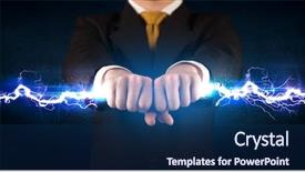  Presentation with hands holding - Audience pleasing slide set consisting of man holding electricity light bolt backdrop and a  colored foreground