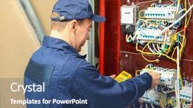  Presentation with electrician - PPT layouts with electrical relays - electrician measuring voltage in distribution background and a ocean colored foreground