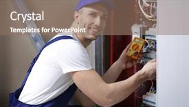  Presentation with distribution - Slide set featuring electrical relays - electrician measuring voltage in distribution background and a coral colored foreground