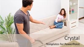  Presentation with cleaning - Slide deck featuring electrical separation - young family doing cleaning background and a  colored foreground