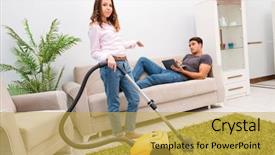  Presentation with home cleaning service - PPT layouts featuring electrical separation - young family doing cleaning background and a yellow colored foreground