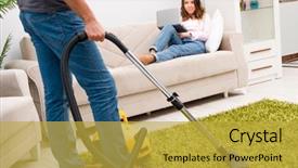  Presentation with home cleaning service - Amazing PPT theme having electrical separation - young family doing cleaning backdrop and a yellow colored foreground
