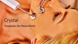  Presentation with indian woman face beauty - PPT theme with electrical stimulation - young woman receiving electric facial background and a coral colored foreground