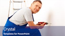  Presentation with drilling - Theme featuring electrical subcontractor - cheerful man working drilling hole background and a navy blue colored foreground