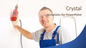  Presentation with trousers - Presentation enhanced with electrical subcontractor - cheerful man working with red background and a  colored foreground