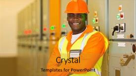  Presentation with control panel - Presentation theme featuring electrical substations - professional african industrial technician background and a gold colored foreground