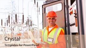  Presentation with transformer - Presentation design having electrical substations - senior technician holding laptop background and a  colored foreground
