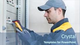  Presentation with electrician - Cool new PPT theme with electrical switchboards - portrait of an electrician backdrop and a ocean colored foreground