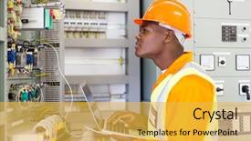  Presentation with power transformers - Amazing PPT theme having electrical transformers - african industrial electrician working backdrop and a yellow colored foreground