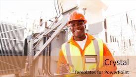  Presentation with electrical transformers - Audience pleasing presentation design consisting of electrical transformers - cheerful african electricity company substation backdrop and a coral colored foreground