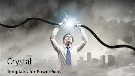  Presentation with electrical transformers - Colorful PPT theme enhanced with electrical transformers - determined businessman tearing electricity cable backdrop and a light gray colored foreground